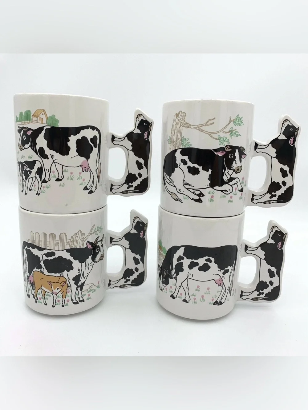Vintage Enesco Cow Coffee Mug Cow-Shaped Handle FOUR {4} PIECE SET USED.